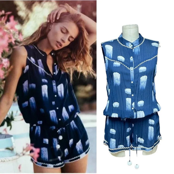 Poupette‎ St. Barth Joe Short Printed Jumpsuit Romper Navy White Brush Medium - Picture 1 of 12